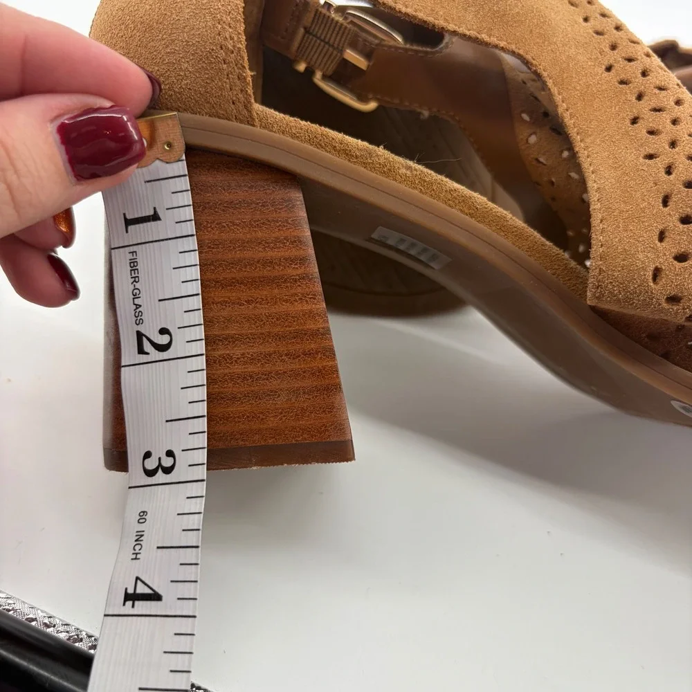 Alex Marie Womens 9.5M Tan Hoplee Perforated Suede Block Heel Sandal Back Zip